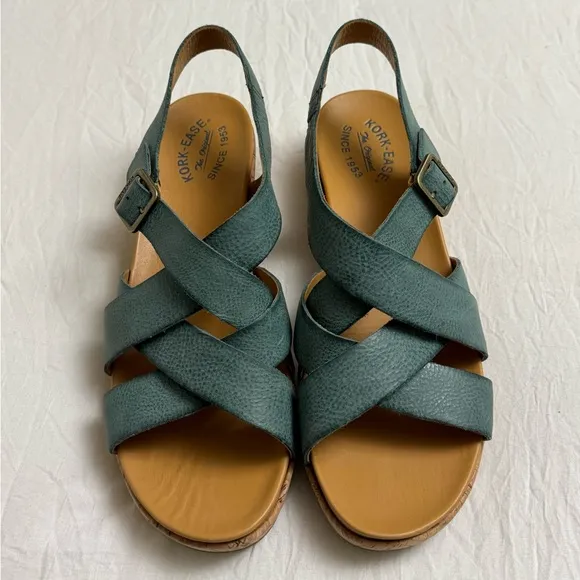 Kork-Ease Womens Caroleigh Ankle Strap Wedge Leather Sandals Turquoise Size 11