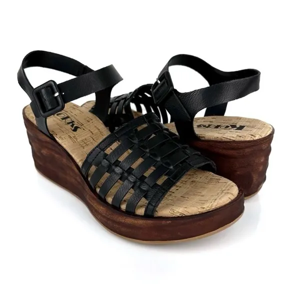 Korks Women's Marley Caged Faux Leather Wedge Sandals Black Size 6