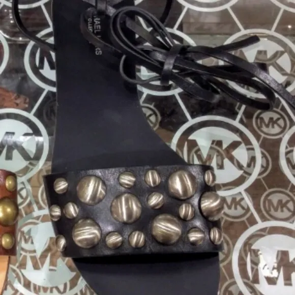 KORS Michael Kors Collection Women's Mica Studded Leather Flat Sandals 38.5