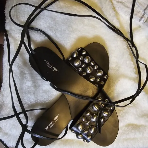 KORS Michael Kors Collection Women's Mica Studded Leather Flat Sandals 38.5