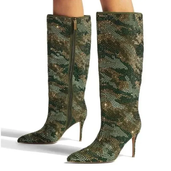 Kurt Geiger London Belgravia Pointed Toe Rhinestone Knee High Boots Sz 36.5