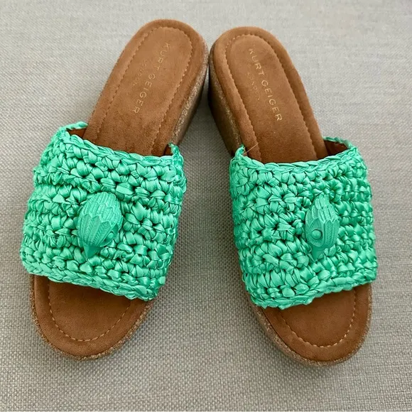 Kurt Geiger London Women’s 7.5 Eagle Green Crochet Cork Slide Sandals