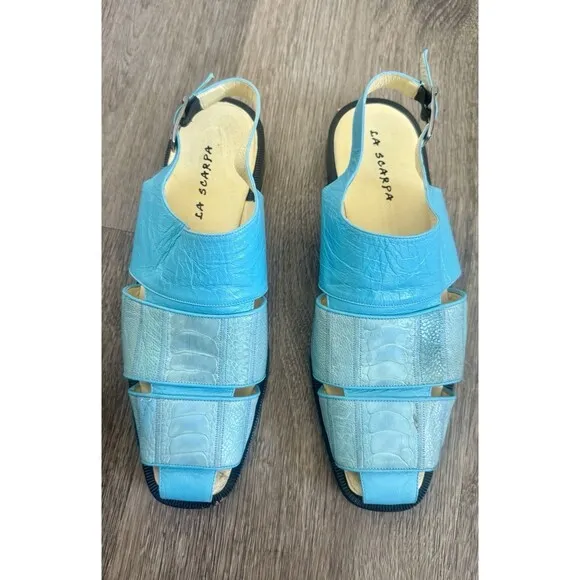 La Scarpa Mens 8.5 Alligator Leather Blue Sandals Shoes Made In Mexico