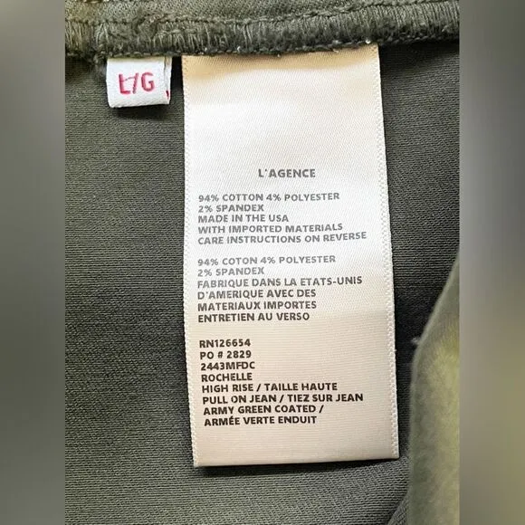 L’AGENCE Jeans coated Rochelle legging in army green. NWT. Large