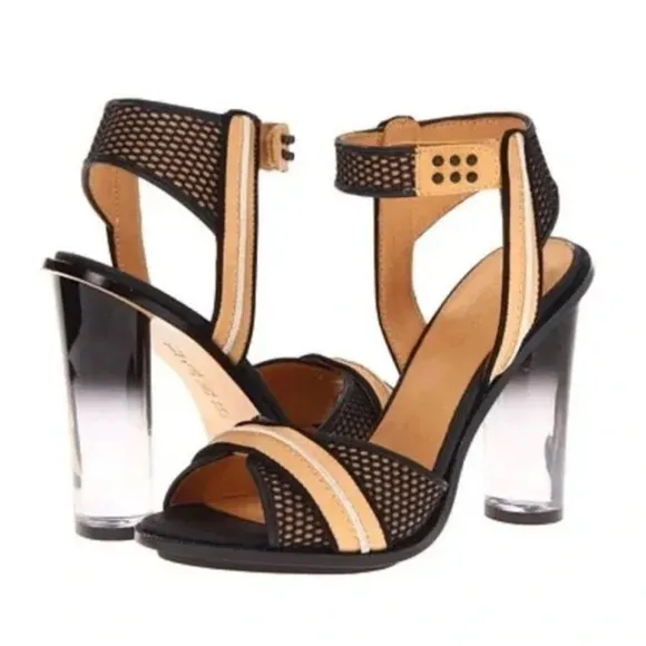 L.A.M.B. Carter Sandals Lucite Clear Heels Sand/ Black Leather Size 10