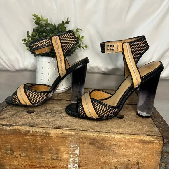 L.A.M.B. Carter Sandals Lucite Clear Heels Sand/ Black Leather Size 10