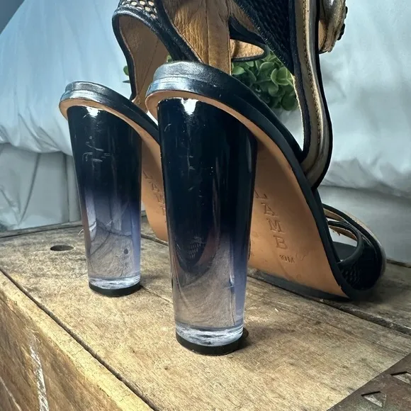 L.A.M.B. Carter Sandals Lucite Clear Heels Sand/ Black Leather Size 10