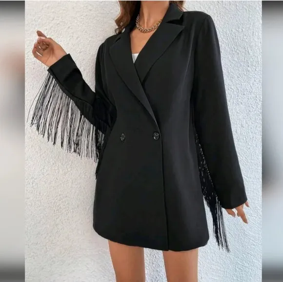 Lapel Neck Fringe Trim Longline Blazer