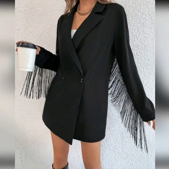 Lapel Neck Fringe Trim Longline Blazer