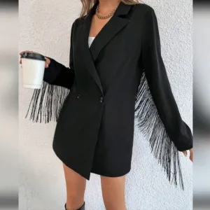 Lapel Neck Fringe Trim Longline Blazer