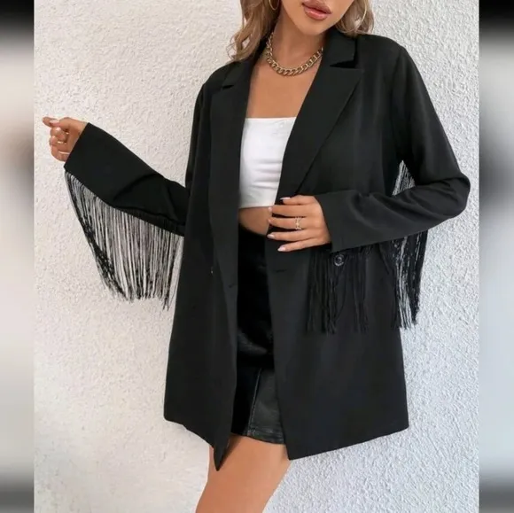 Lapel Neck Fringe Trim Longline Blazer