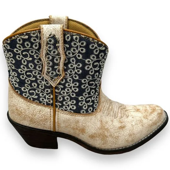 Laredo Kymber Western Ankle Boots Womens 7 M Beige Blue Leather Cowboy Round Toe