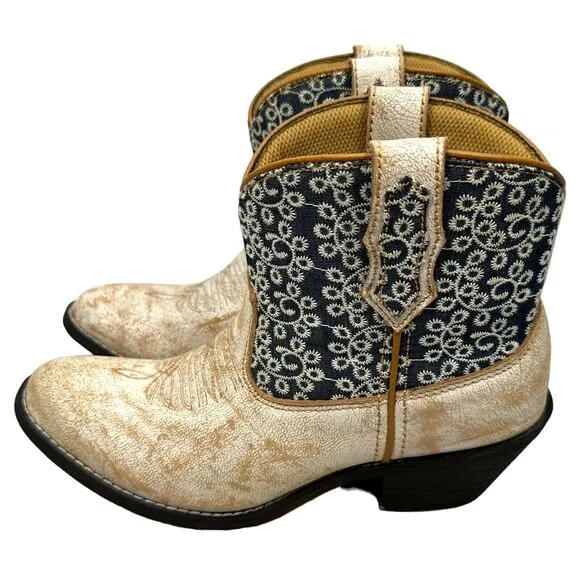 Laredo Kymber Western Ankle Boots Womens 7 M Beige Blue Leather Cowboy Round Toe