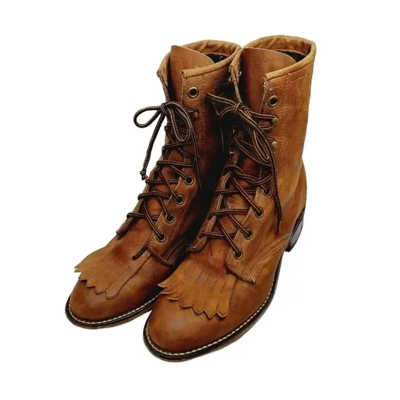 Laredo Sara Rose Western Boots Leather Tan Kiltie Rope Lace-Up Size 6.5 Cowboy