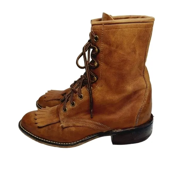 Laredo Sara Rose Western Boots Leather Tan Kiltie Rope Lace-Up Size 6.5 Cowboy
