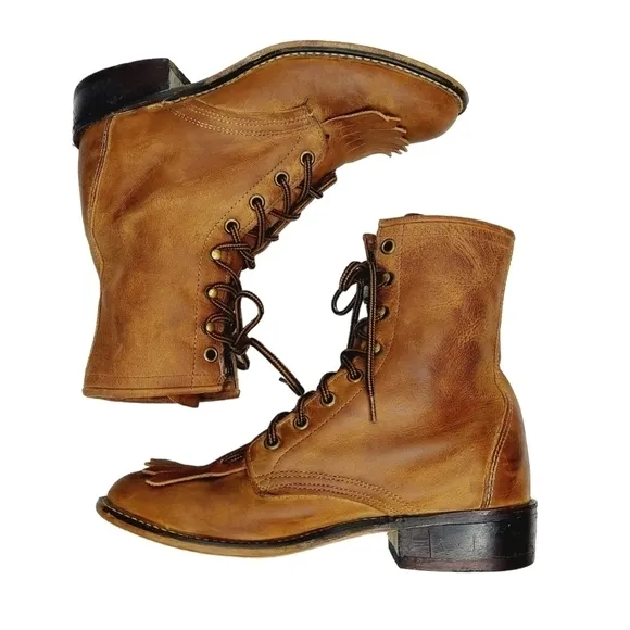 Laredo Sara Rose Western Boots Leather Tan Kiltie Rope Lace-Up Size 6.5 Cowboy