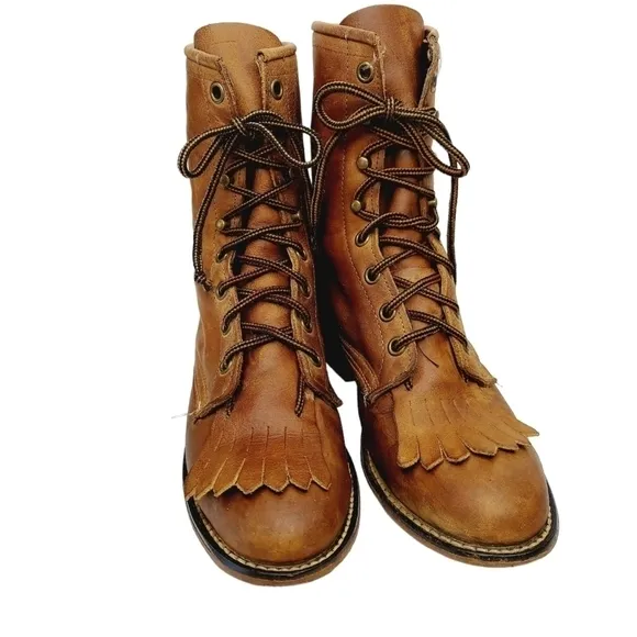 Laredo Sara Rose Western Boots Leather Tan Kiltie Rope Lace-Up Size 6.5 Cowboy