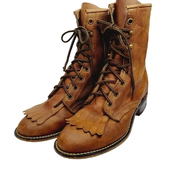 Laredo Sara Rose Western Boots Leather Tan Kiltie Rope Lace-Up Size 6.5 Cowboy