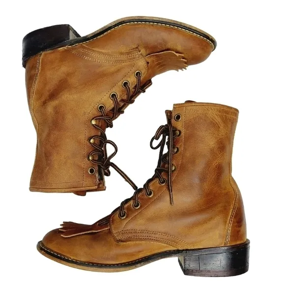 Laredo Sara Rose Western Boots Leather Tan Kiltie Rope Lace-Up Size 6.5 Cowboy
