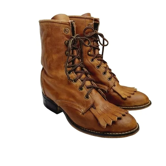 Laredo Sara Rose Western Boots Leather Tan Kiltie Rope Lace-Up Size 6.5 Cowboy