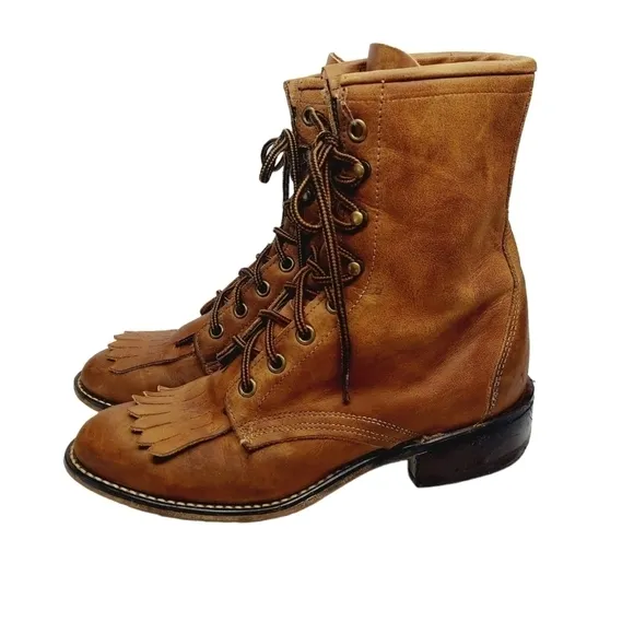 Laredo Sara Rose Western Boots Leather Tan Kiltie Rope Lace-Up Size 6.5 Cowboy