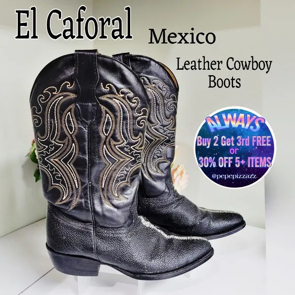 LEATHER MADE IN MEXICO COWBOY WESTERN POINTED TOE BOOTS.