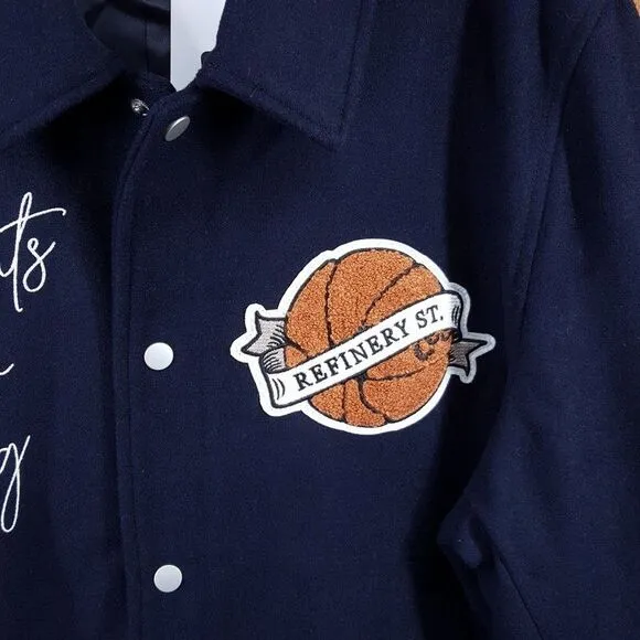 LES DEUX Varsity Jacket Mens XS Navy Snap Button Wool Basketball Sneakers $439