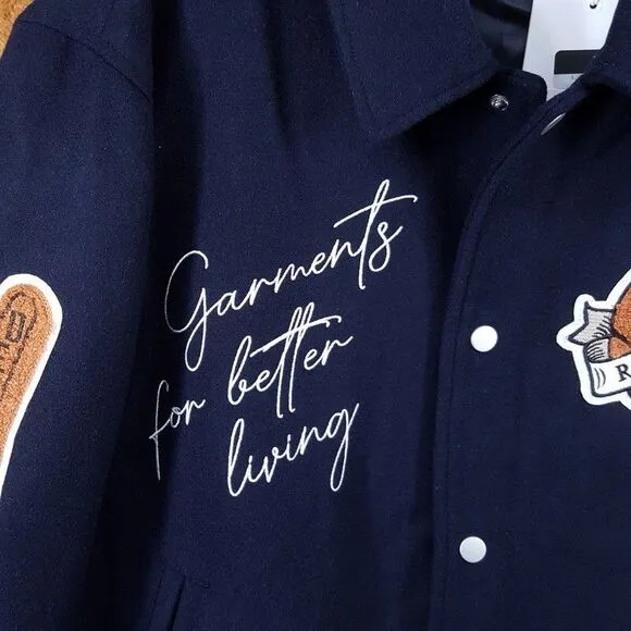 LES DEUX Varsity Jacket Mens XS Navy Snap Button Wool Basketball Sneakers $439
