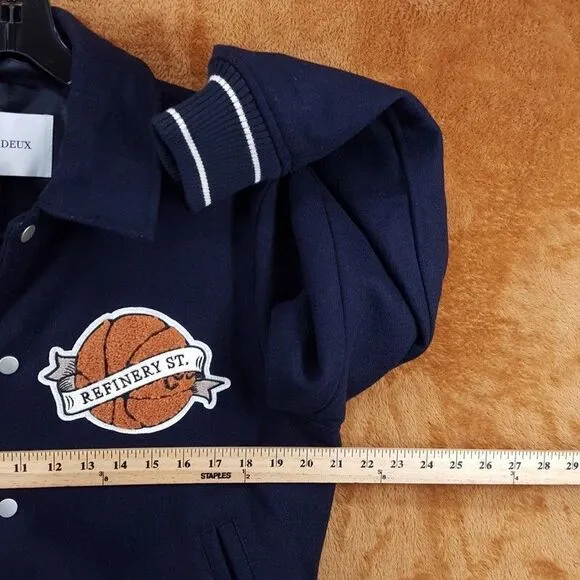 LES DEUX Varsity Jacket Mens XS Navy Snap Button Wool Basketball Sneakers $439