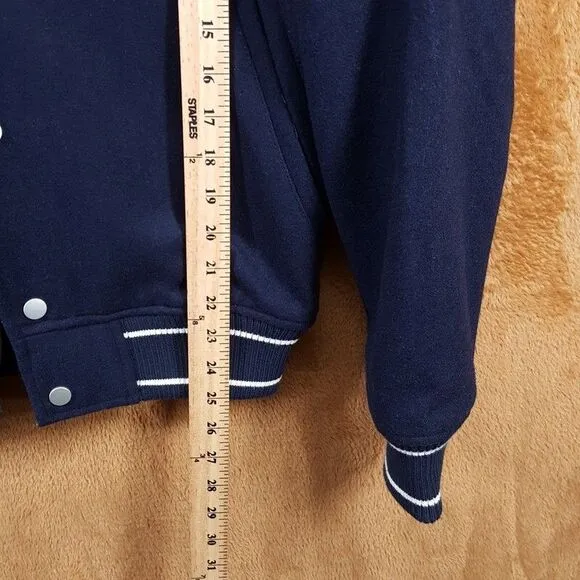 LES DEUX Varsity Jacket Mens XS Navy Snap Button Wool Basketball Sneakers $439