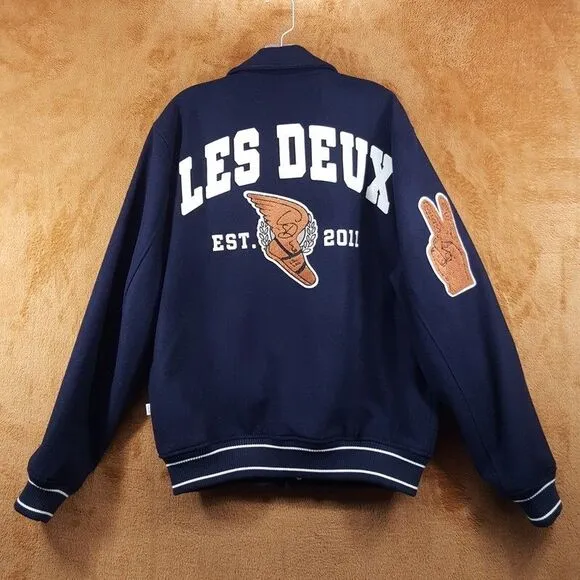LES DEUX Varsity Jacket Mens XS Navy Snap Button Wool Basketball Sneakers $439