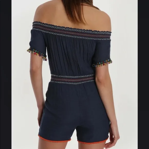 Letarte Handmade Maui Blue Off the Shoulder Shorts Romper with Pompom Trim, S