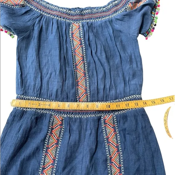 Letarte Handmade Maui Blue Off the Shoulder Shorts Romper with Pompom Trim, S