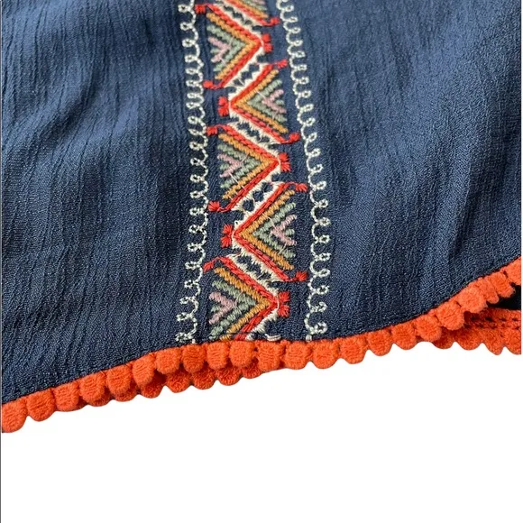 Letarte Handmade Maui Blue Off the Shoulder Shorts Romper with Pompom Trim, S