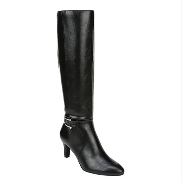 Life Stride Galina Black Pointy Toe Faux Leather Knee High Heel Boots 6.5