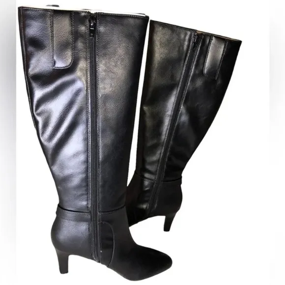 Life Stride Galina Black Pointy Toe Faux Leather Knee High Heel Boots 6.5