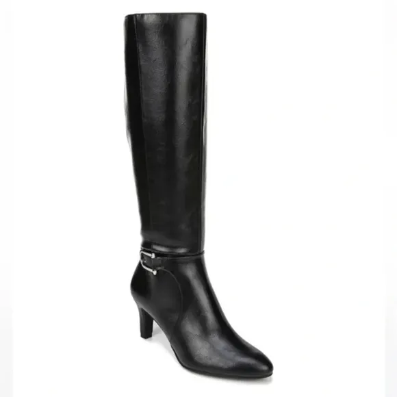 Life Stride Galina Black Pointy Toe Faux Leather Knee High Heel Boots 6.5