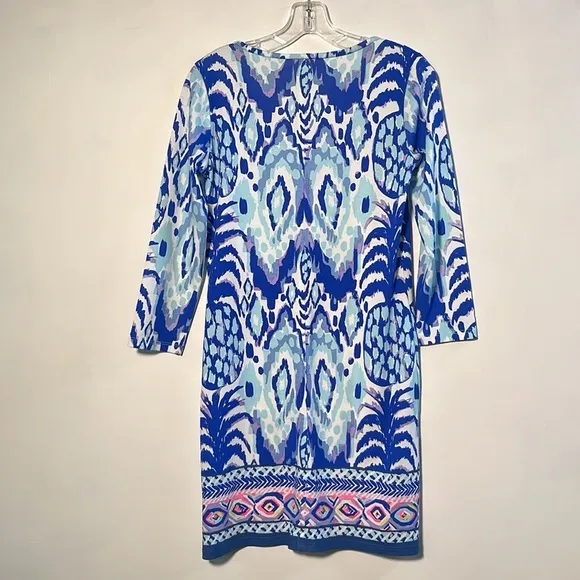 LILLY PULITZER “Beacon” Cotton Pineapple/Tribal Border 3/4 SLV Preppy Dress XS