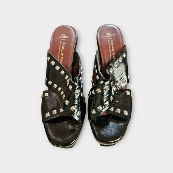 Lisa for Donald J Pliner Black Patent Leather Studded Platform Heeled Sandals