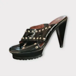 Lisa for Donald J Pliner Black Patent Leather Studded Platform Heeled Sandals
