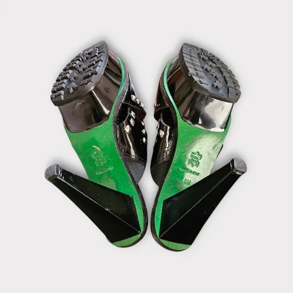 Lisa for Donald J Pliner Black Patent Leather Studded Platform Heeled Sandals