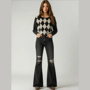 LIZ CLAIBORNE Vintage Sequin argyle sweater black lambswool and sequins