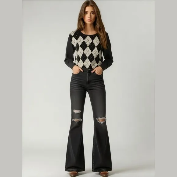 LIZ CLAIBORNE Vintage Sequin argyle sweater black lambswool and sequins