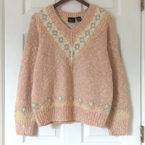 Liz Sport 90's Vintage Fair Isle &amp; Marled Knit Wool Blend V-neck Sweater Pink M