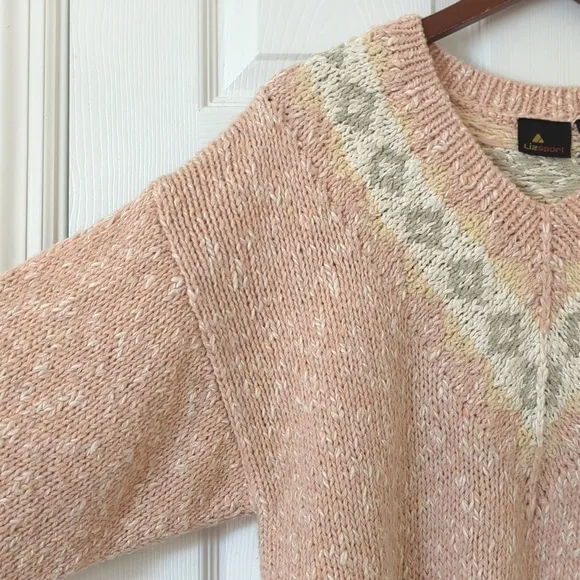 Liz Sport 90's Vintage Fair Isle &amp; Marled Knit Wool Blend V-neck Sweater Pink M