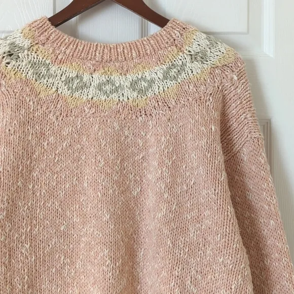 Liz Sport 90's Vintage Fair Isle &amp; Marled Knit Wool Blend V-neck Sweater Pink M