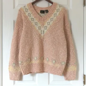 Liz Sport 90's Vintage Fair Isle &amp; Marled Knit Wool Blend V-neck Sweater Pink M