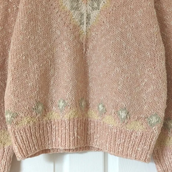 Liz Sport 90's Vintage Fair Isle &amp; Marled Knit Wool Blend V-neck Sweater Pink M