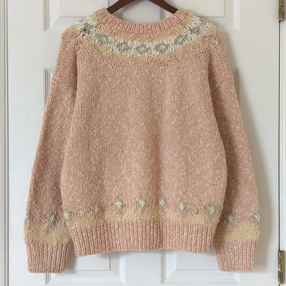 Liz Sport 90's Vintage Fair Isle &amp; Marled Knit Wool Blend V-neck Sweater Pink M