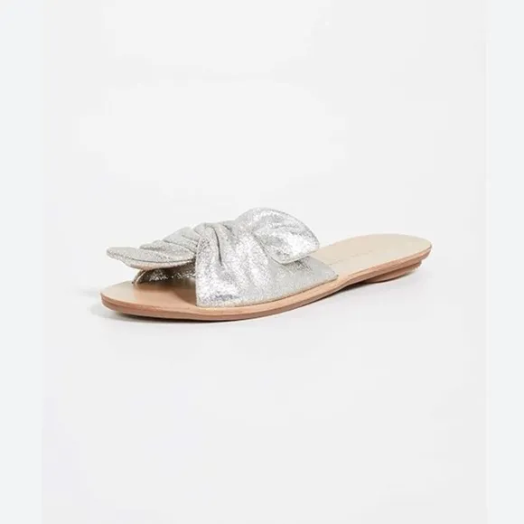 Loeffler Randall Phoebe Silver Leather Knot Flat Sandals, sz 8